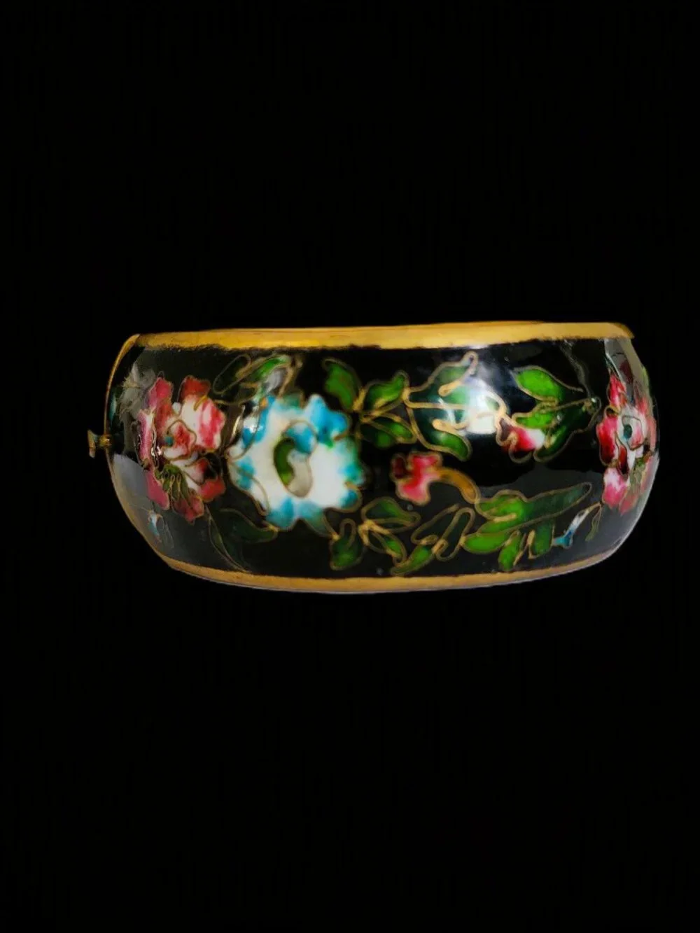 Vtg 60s Chunky Cloisonne Hinged Bangle Bracelet Heavy Brass Black Enamel 1.25